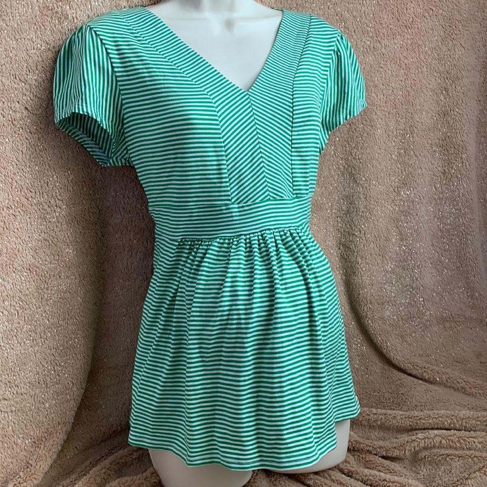Motherhood Maternity Tunic Top Short Sleeve Shirt L Green Striped